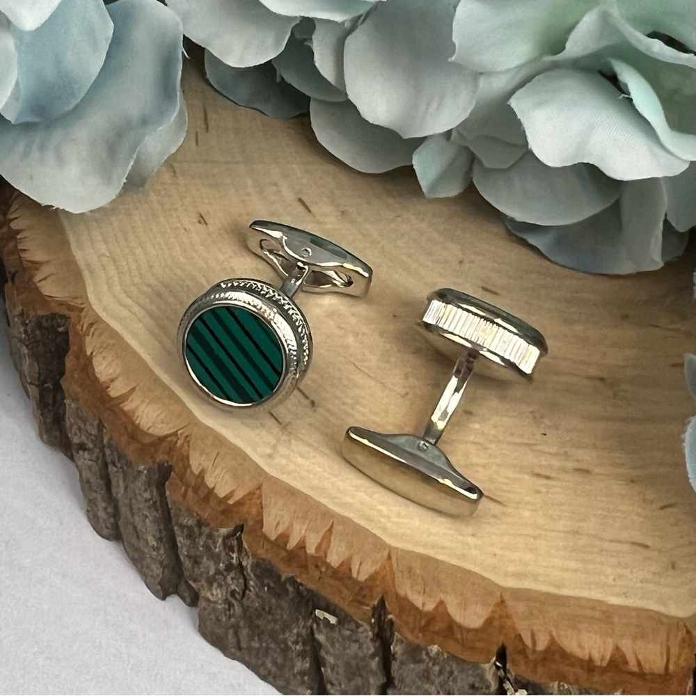 Stunning Green Malachite Round Silver Cufflinks - Picture 10 of 16